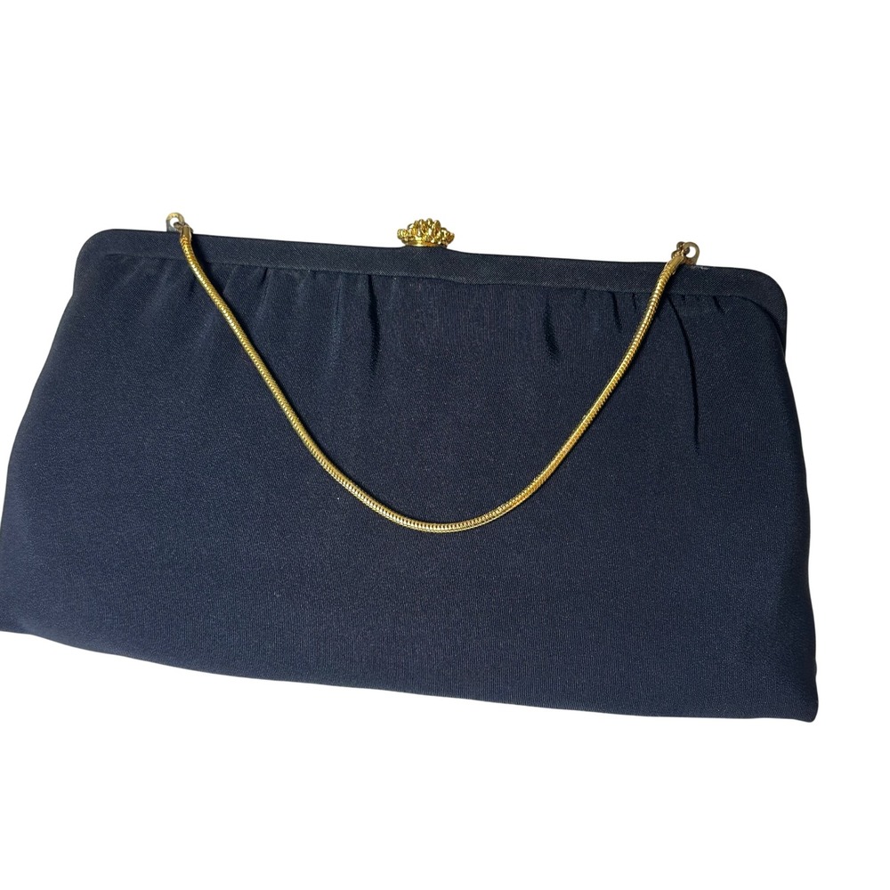 Vtg HL USA Black Crepe Evening Clutch Bag Gold Floral Kiss Lock MCM coin purse